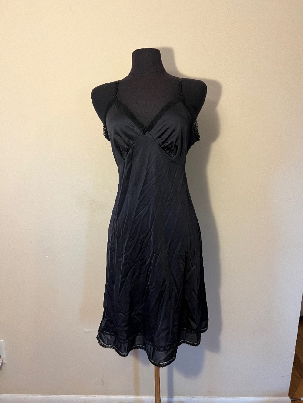 Black Midi Slip Dress with Lace Trim - Women's